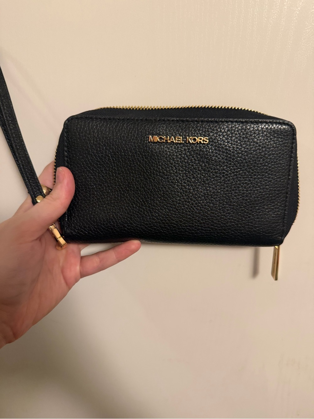 Michael Kors Black Pebbled Leather Wristlet with Gold Hardware